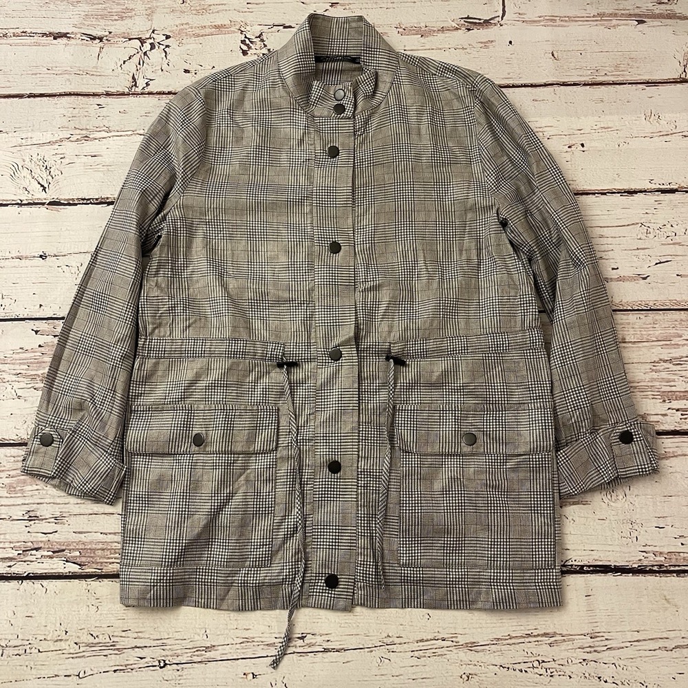 Zara Grey/Tan‎ Checked Safari Jacket Size Medium Women's Cozy Rain